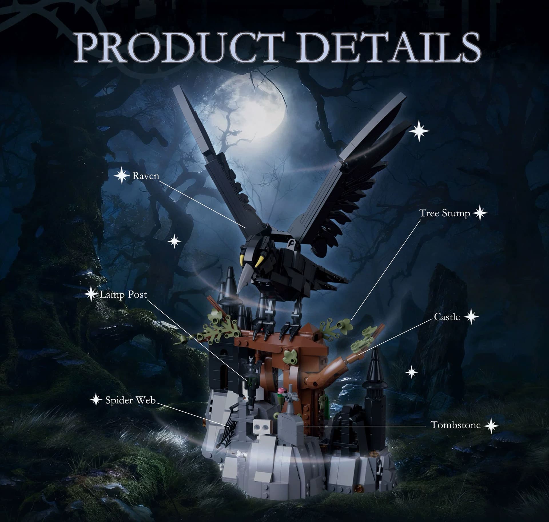 Black raven building set for gothic home and desk decor