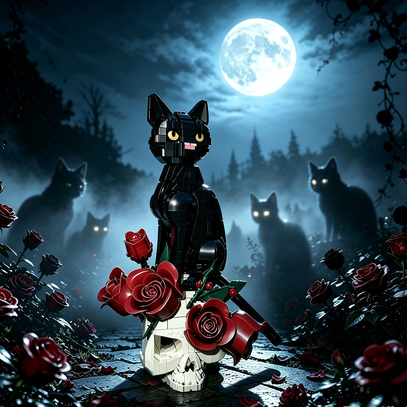 Christmas Halloween Skull Cat Rose Building Block Set 1576PCS Gothic Decor Gift