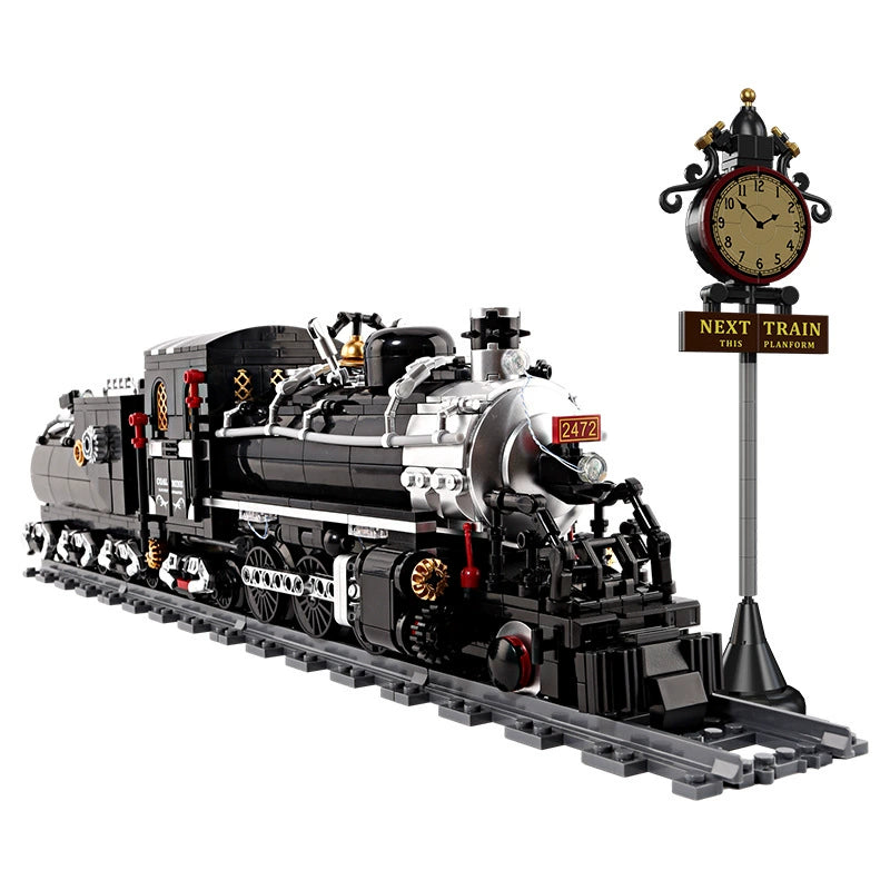 1384PCS black steam train building blocks model with vintage station clock