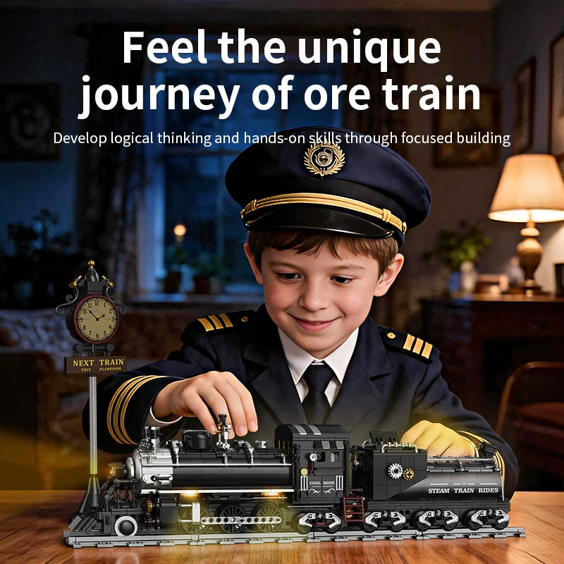 1384PCS black steam train building blocks model with vintage station clock