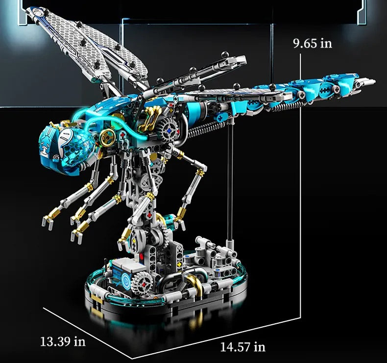 Cyber dragonfly mechanical building set with light in blue and purple variants
