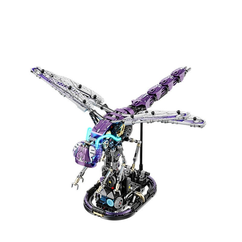 Cyber dragonfly mechanical building set with light in blue and purple variants