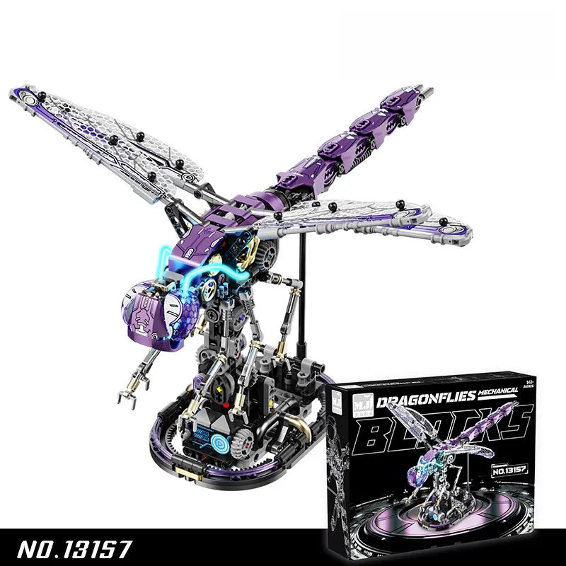 Cyber dragonfly mechanical building set with light in blue and purple variants