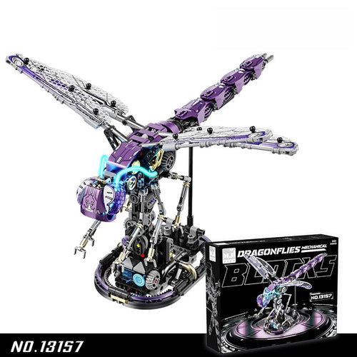 Cyber dragonfly mechanical building set with light in blue and purple variants