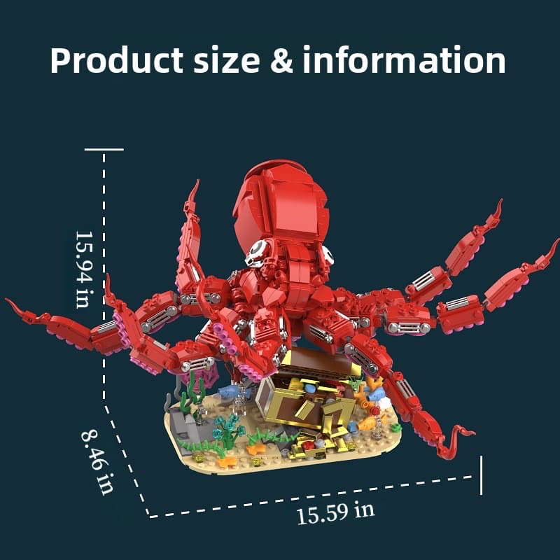 Giant red octopus building block set 1085 pieces with ocean treasure display base.