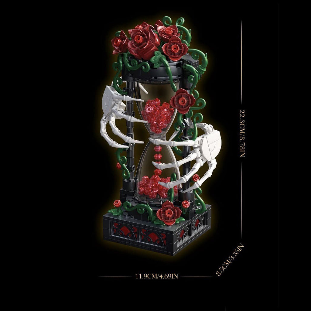 Gothic ornament black building blocks set with skeleton hands and red roses for dark room aesthetic desk decor.
