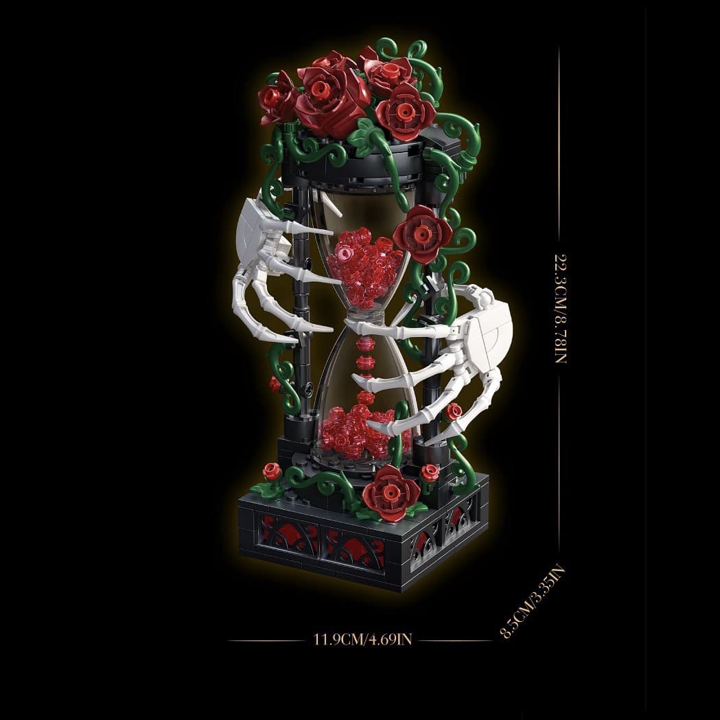 Gothic ornament black building blocks set with skeleton hands and red roses for dark room aesthetic desk decor.