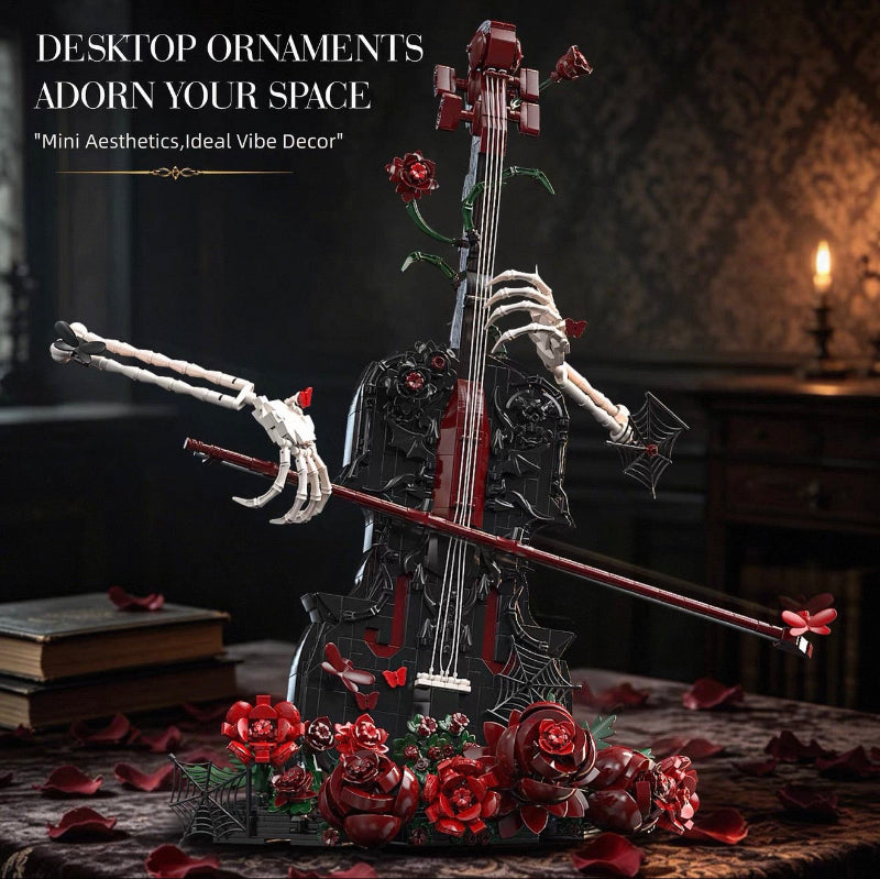 Gothic desk ornament cello building set with skeleton hands and red roses on a dark vintage background with candlelight, featuring text Desktop Ornaments Adorn Your Space.