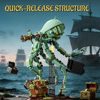 Green octopus building set with treasure chest base, perfect for desk decor and shelf display.