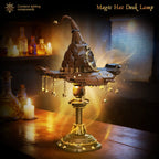 Magic hat desk lamp building block set displayed on a desk with warm lighting.