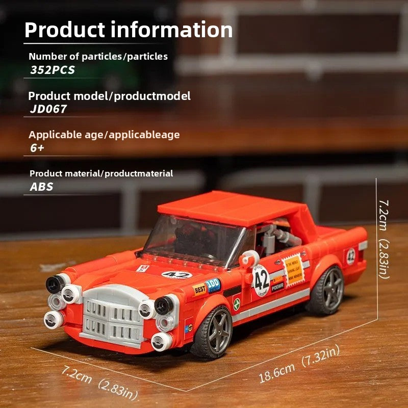 Orange pickup racer building blocks model 352PCS with size display and retro car details