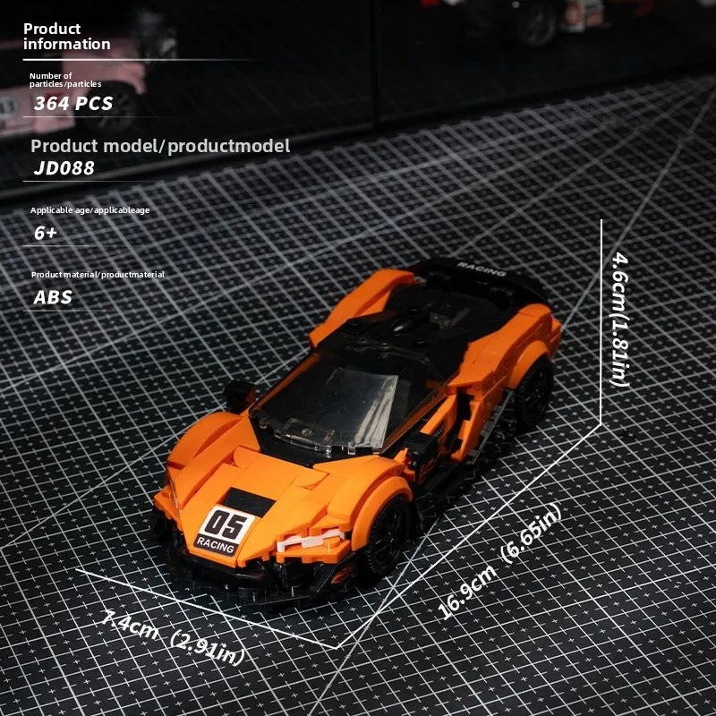 Orange supercar building blocks model 364PCS with size display and black racing details