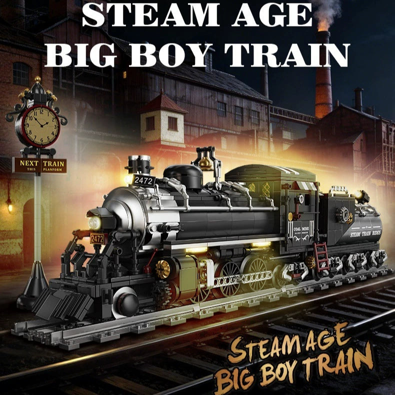Lighted steam train building blocks set with crystal cargo and track base