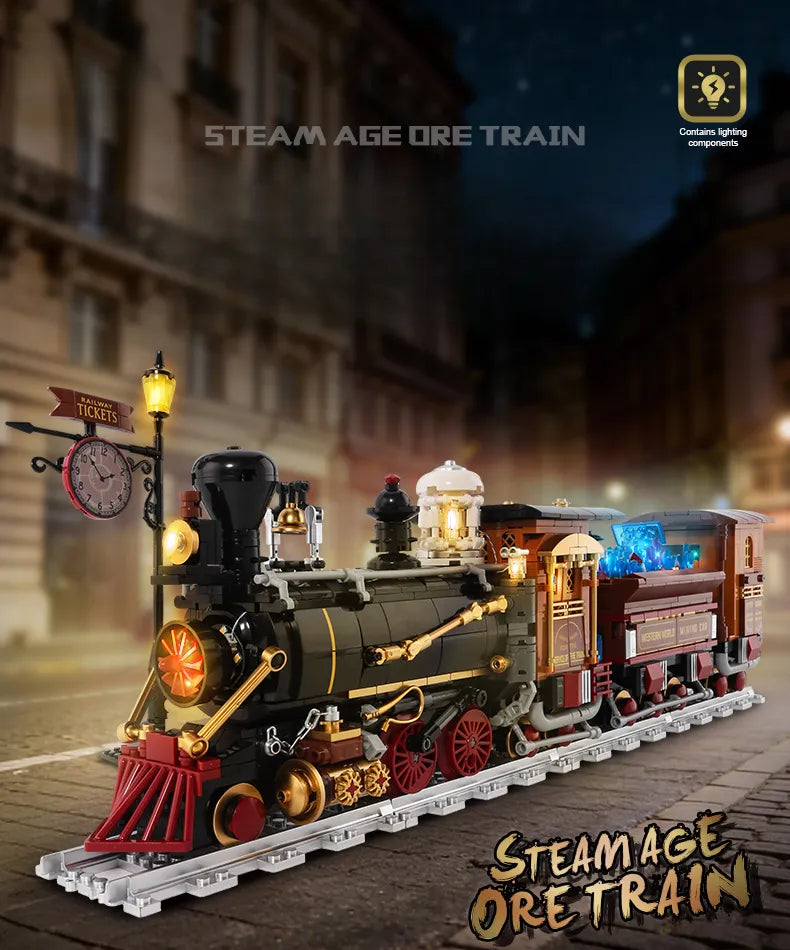 Steam age ore train building blocks set with lights and vintage railway details