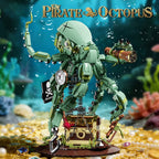 Green octopus building set with treasure chest base, perfect for desk decor and shelf display.