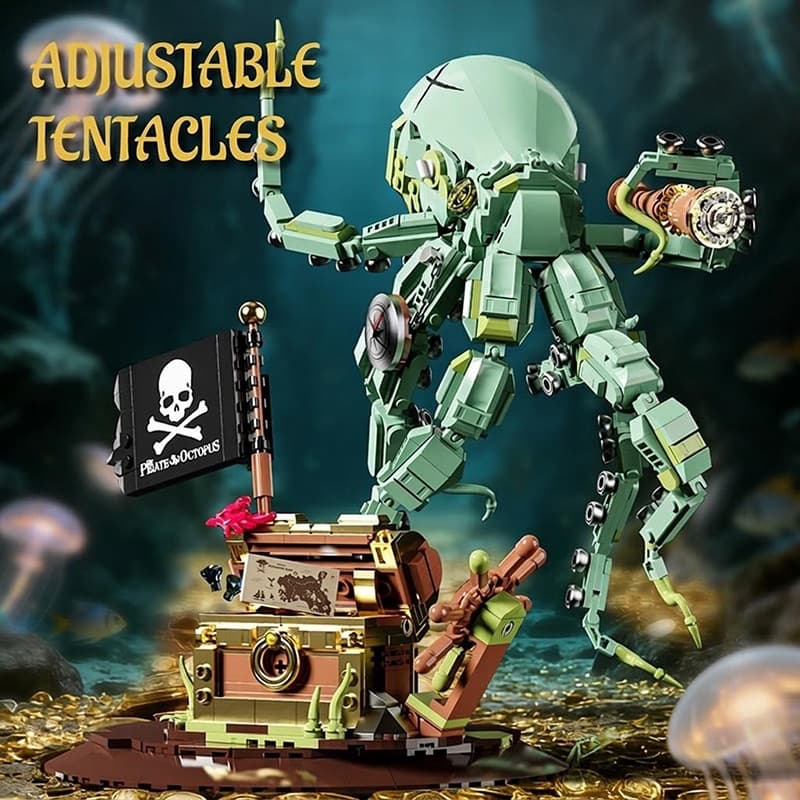 Green octopus building set with treasure chest base, perfect for desk decor and shelf display.