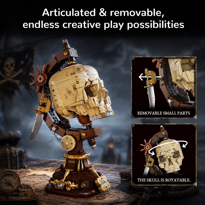 Dark pirate skull building blocks desk decor with sword and display base