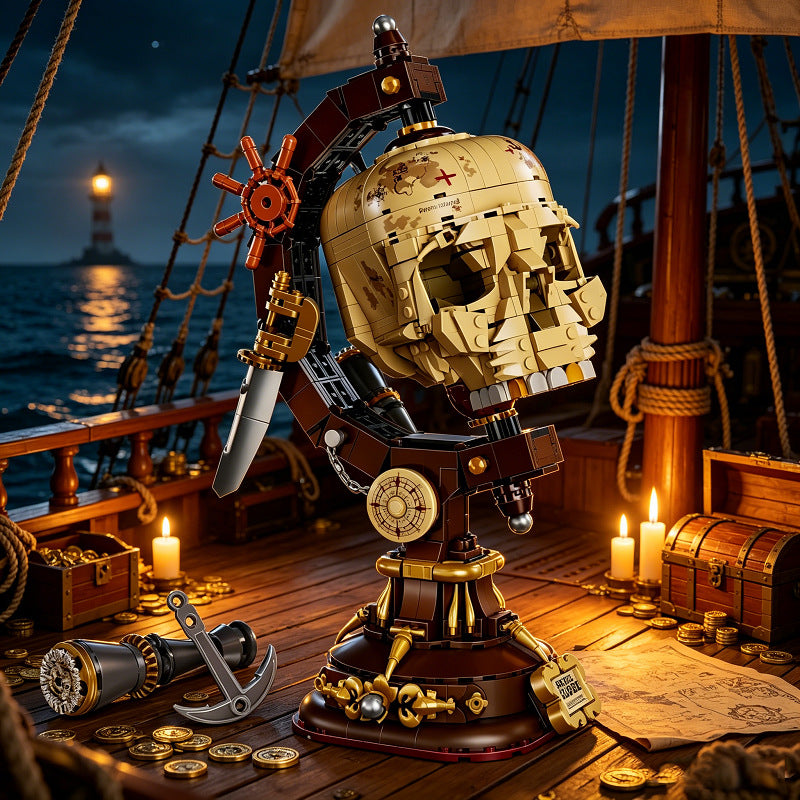 Pirate skull globe building blocks display set with rotatable skull