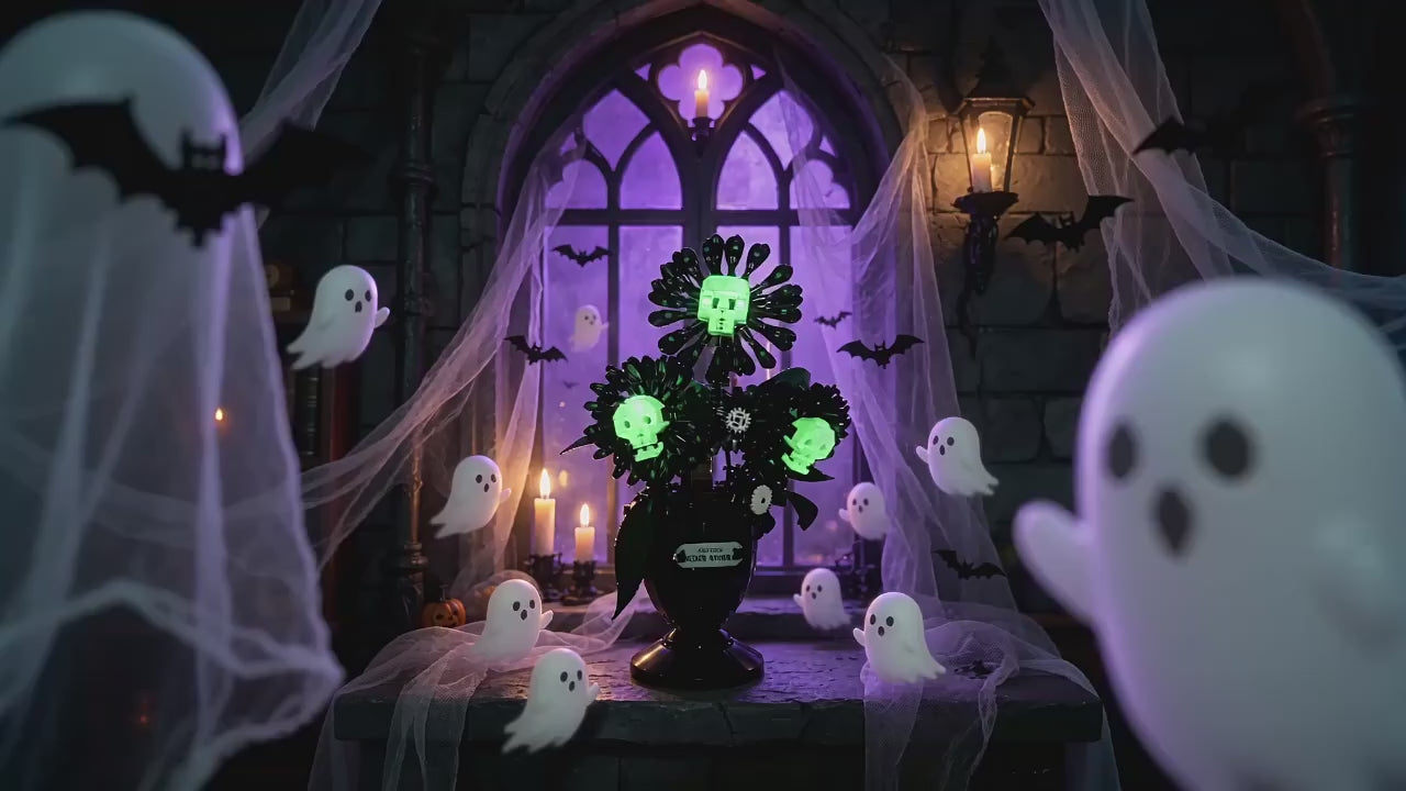 Skeleton sunflower building block set showing glow-in-the-dark skull blooms and daylight display for gothic desk decor.