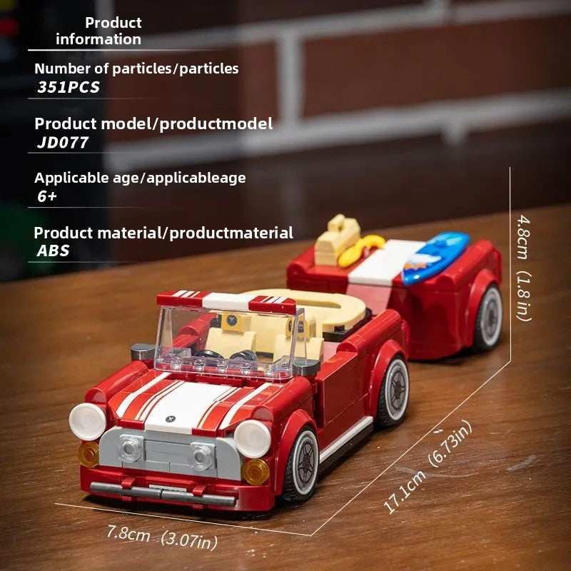 Red convertible building blocks model 351PCS with trailer and size display