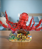 Front view of the red octopus building set with detailed tentacles and display base.