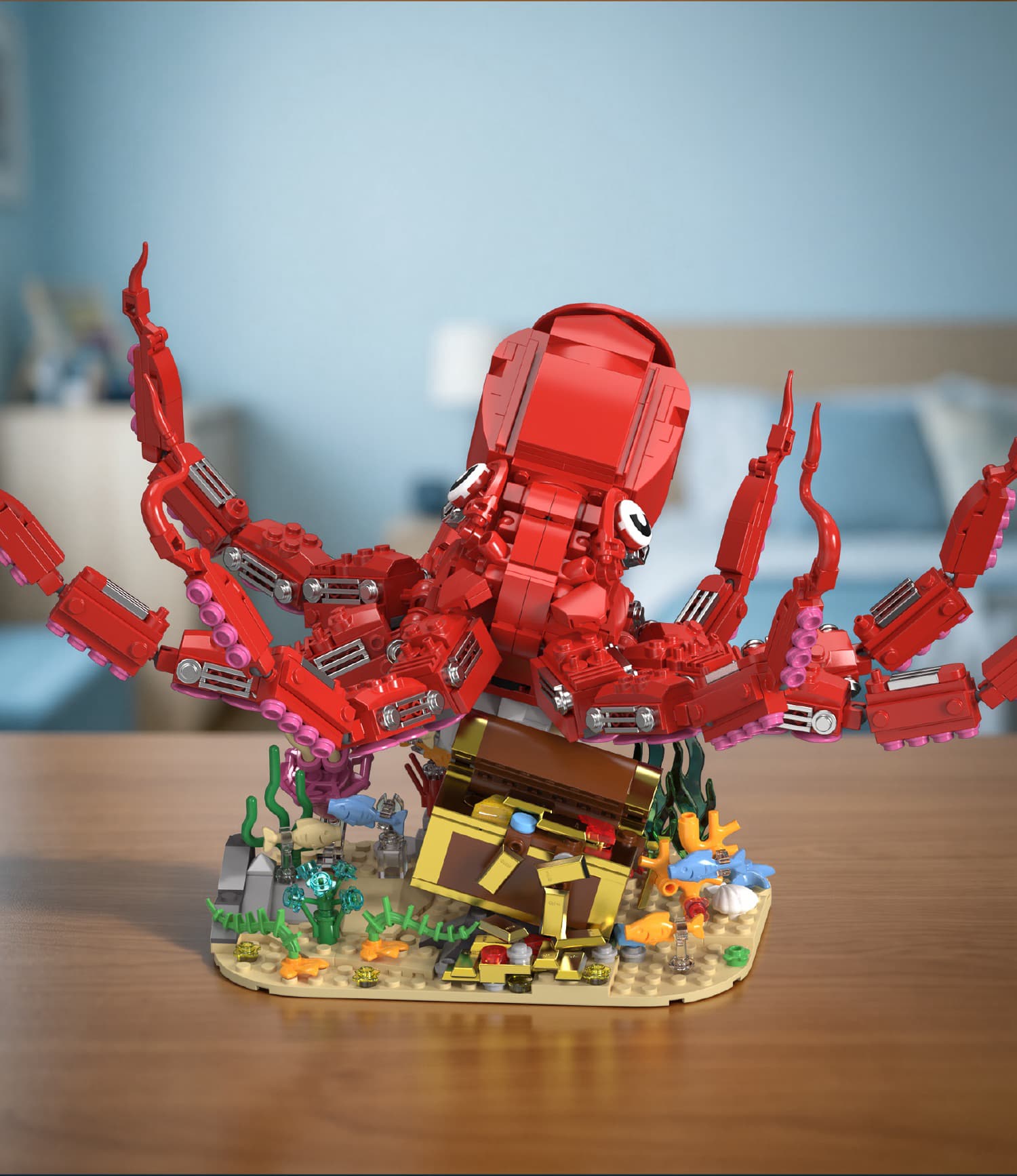 Front view of the red octopus building set with detailed tentacles and display base.