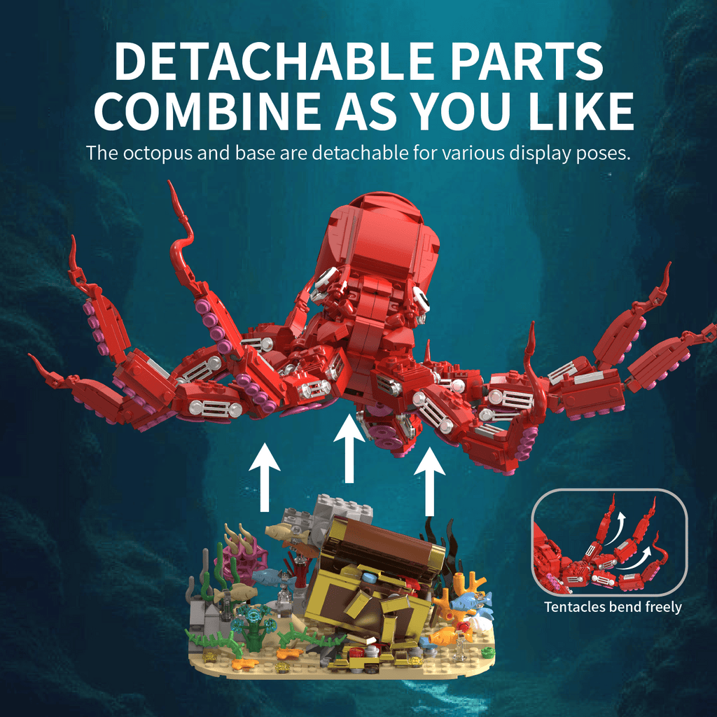 Red octopus building set with underwater fantasy theme and treasure details.
