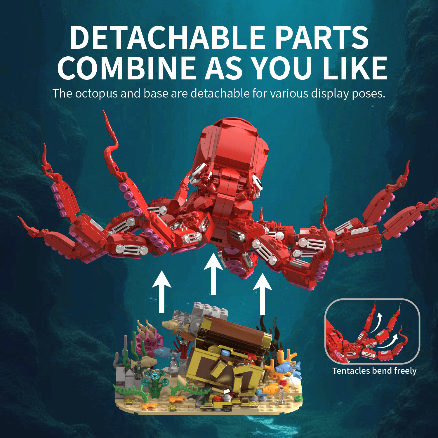 Red octopus building set with underwater fantasy theme and treasure details.