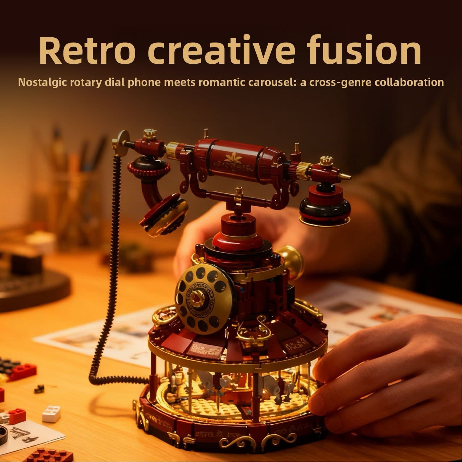 Vintage phone carousel building blocks desk decor with built-in light