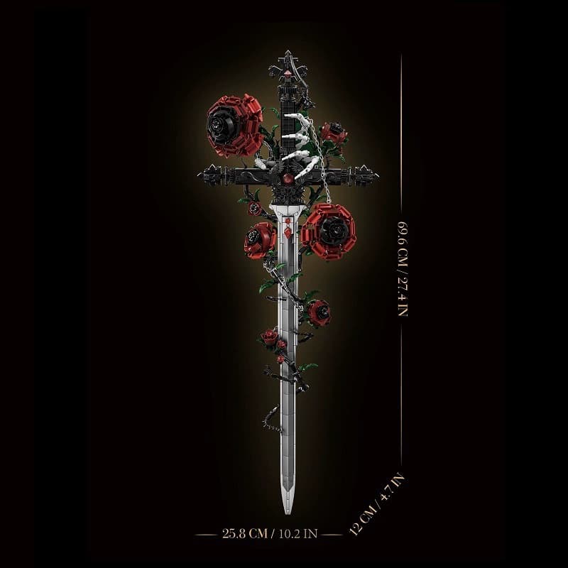 Gothic ornament black building blocks set with skeleton hands and red roses for dark room aesthetic desk decor.