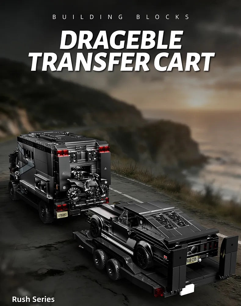 RV vehicle building blocks set with trailer connection, sports car, and motorcycle model