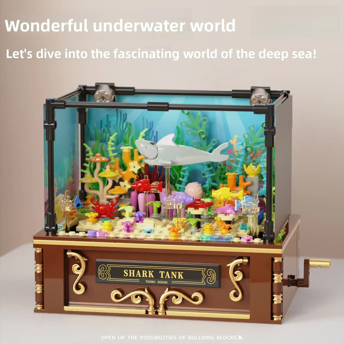 Aquarium ocean world building blocks display set with fish, coral, and sea animals