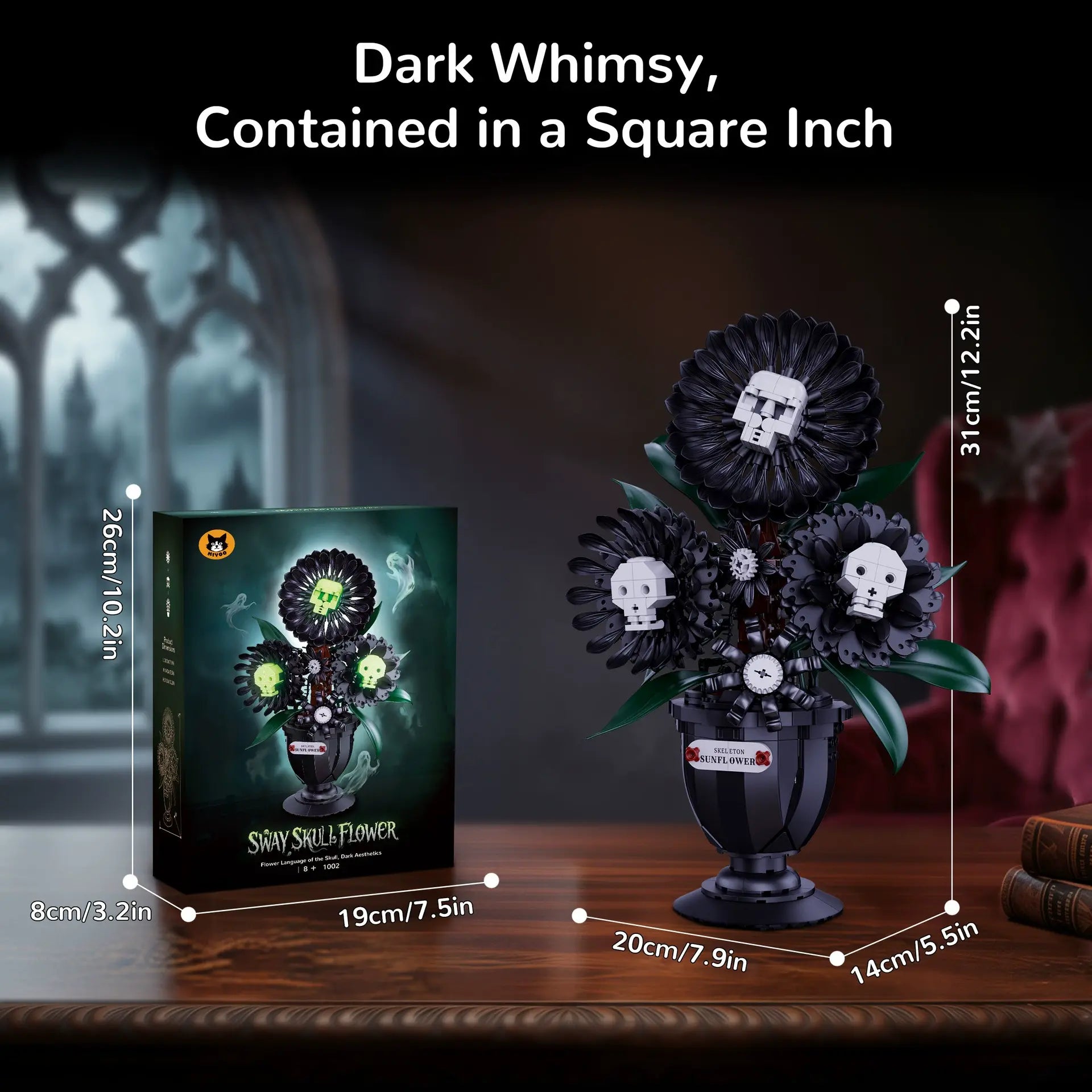 Gothic ornament black building blocks set with skeleton hands and red roses for dark room aesthetic desk decor.