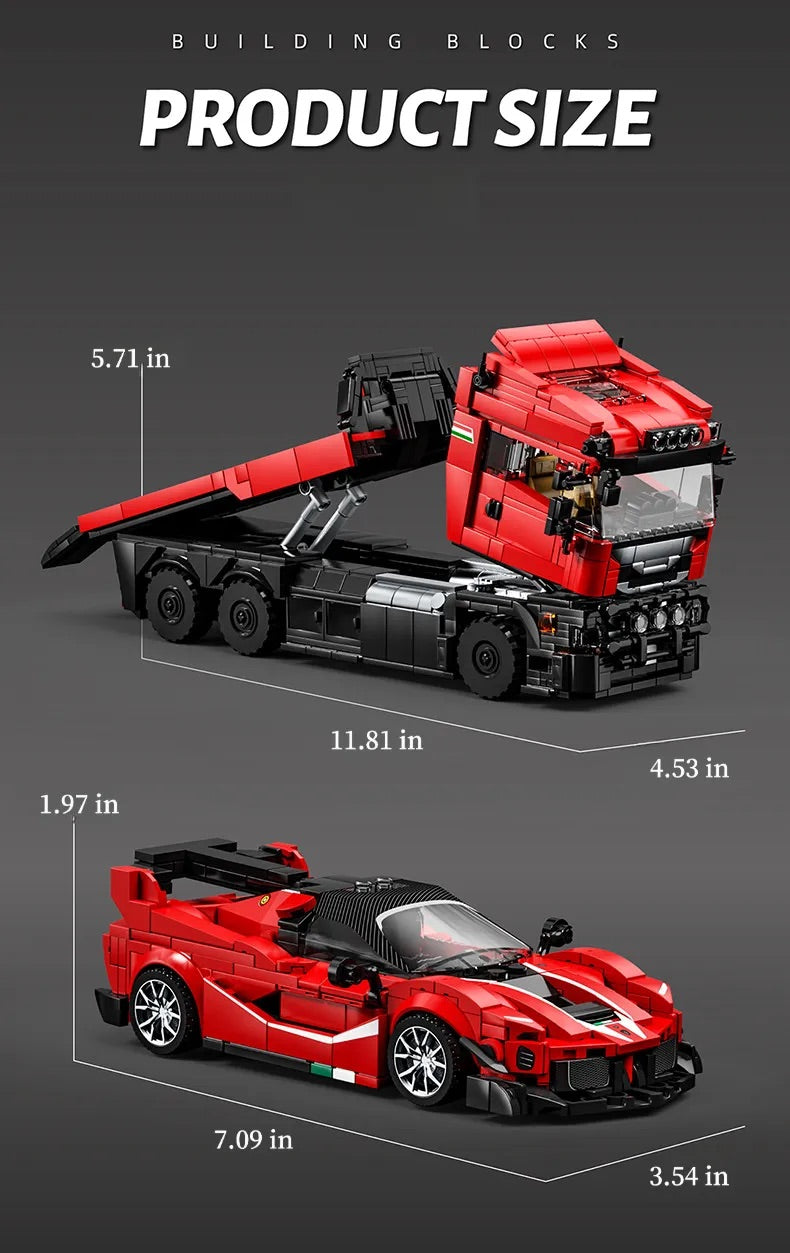 Trailer truck building blocks model with adjustable loading platform and liftable tailgate