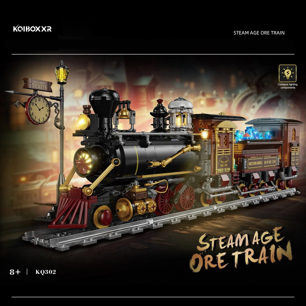 Vintage ore train building blocks model with station clock and display lighting