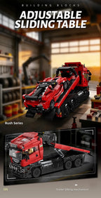 Red transport truck and sports car building blocks set for vehicle display