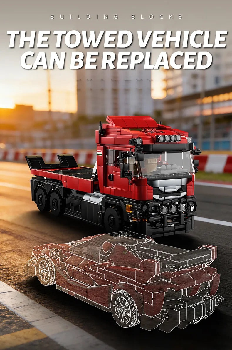 Red transport truck and sports car building blocks set for vehicle display