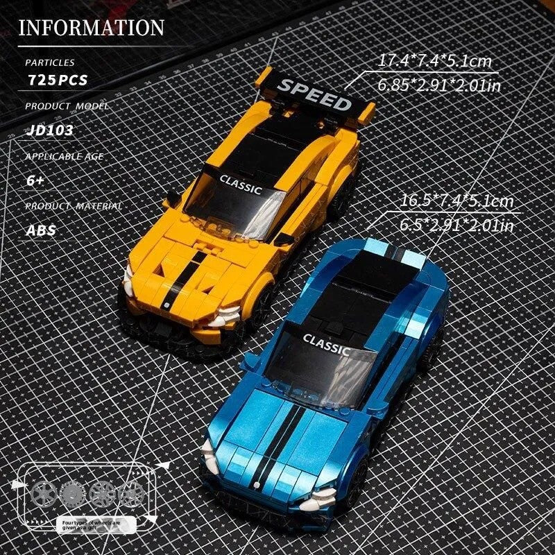 Twin car building blocks set 725PCS with yellow and blue mini sports cars size display