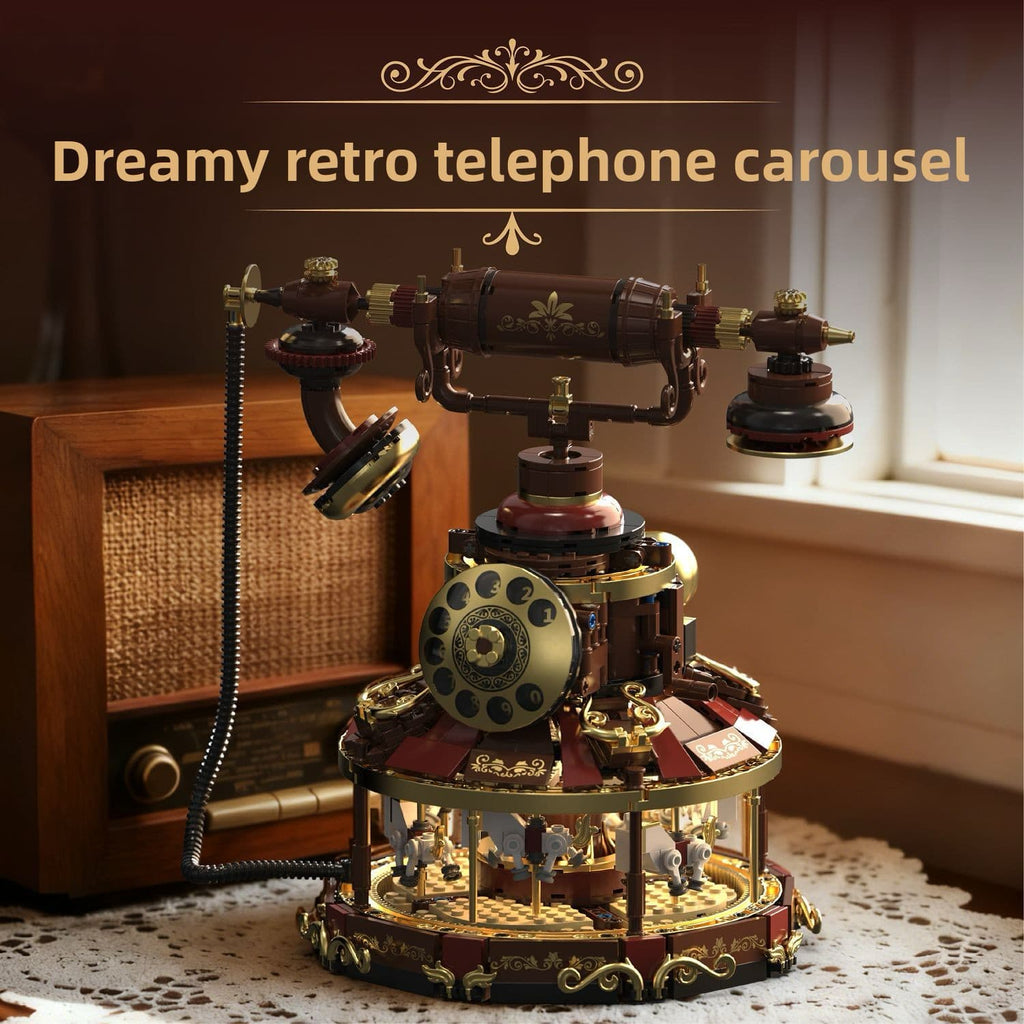 Vintage telephone carousel building blocks display set with warm light