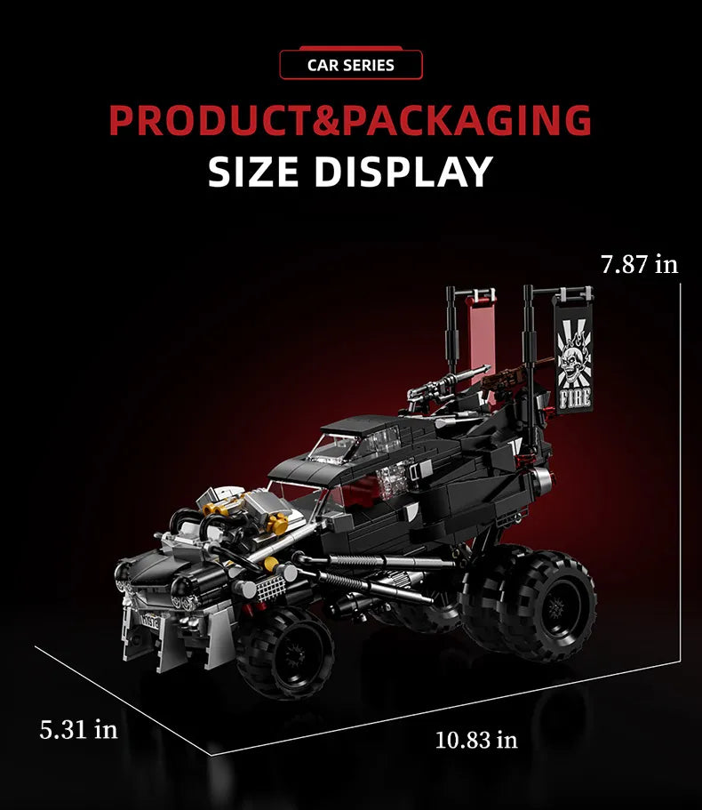 Dark armored car and battle truck building blocks set with industrial details