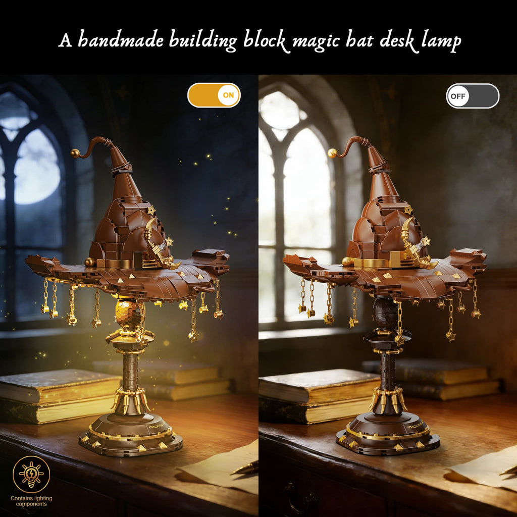 Wizard hat building block lamp shown in side-by-side on and off lighting modes