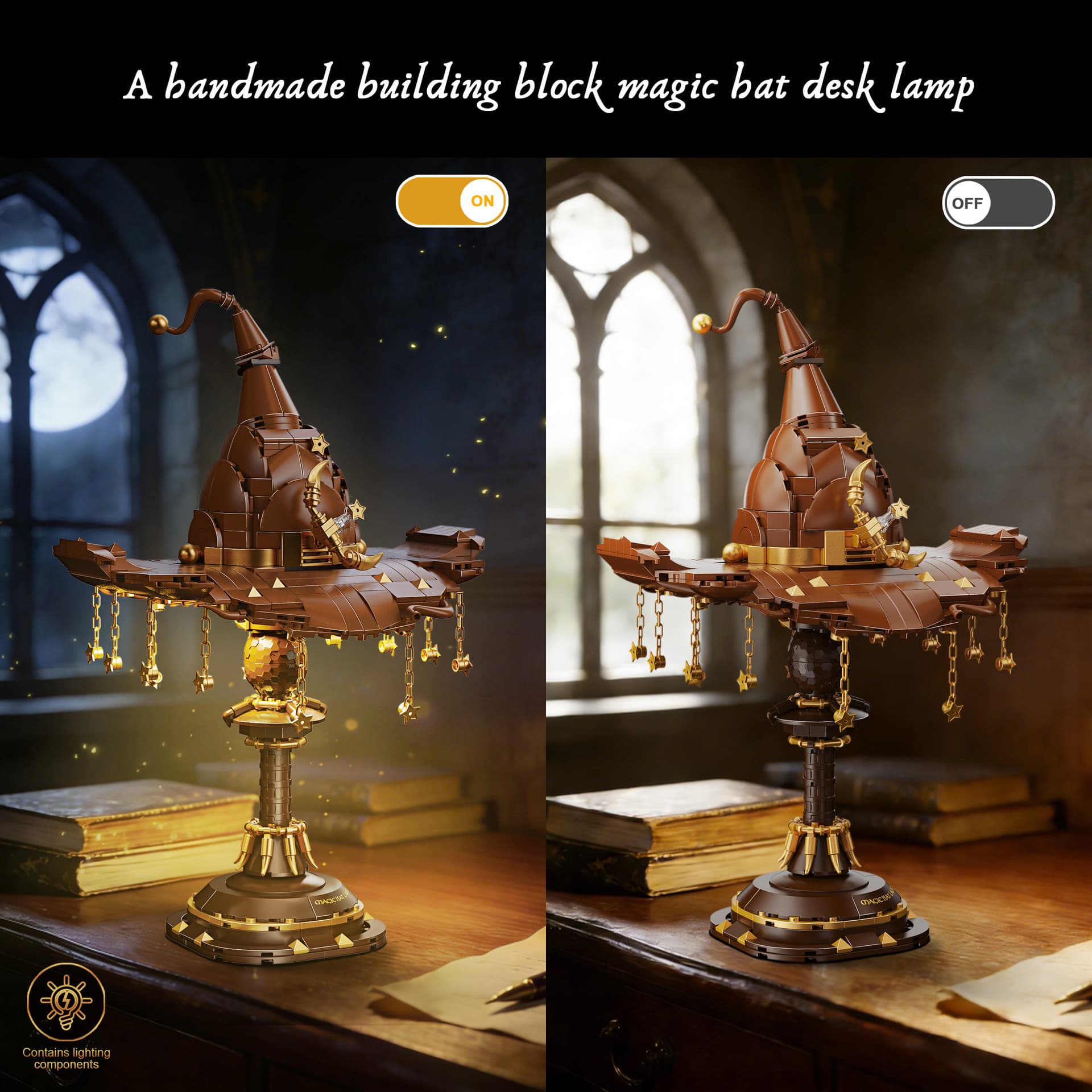 Wizard hat building block lamp shown in side-by-side on and off lighting modes